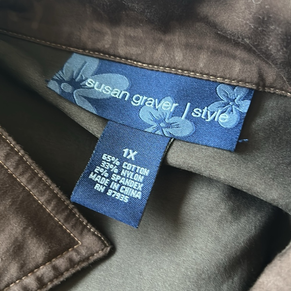 Casual Stretchy Utility Jacket Brown Button closure Cinched Accents Susan Graver - Picture 9 of 11